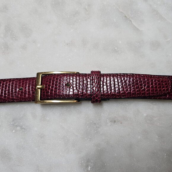 Vintage Snakeskin Italian Leather Belt with Brass Buckle, 36” M/L, Burgundy - Picture 1 of 5